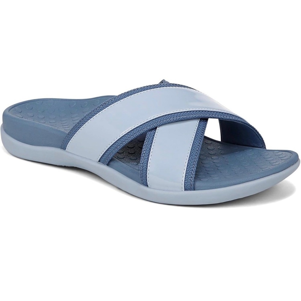 Vionic Merced Womens 11 Blue Cross Strap Slide Orthotic Sandals Comfort Shoe New